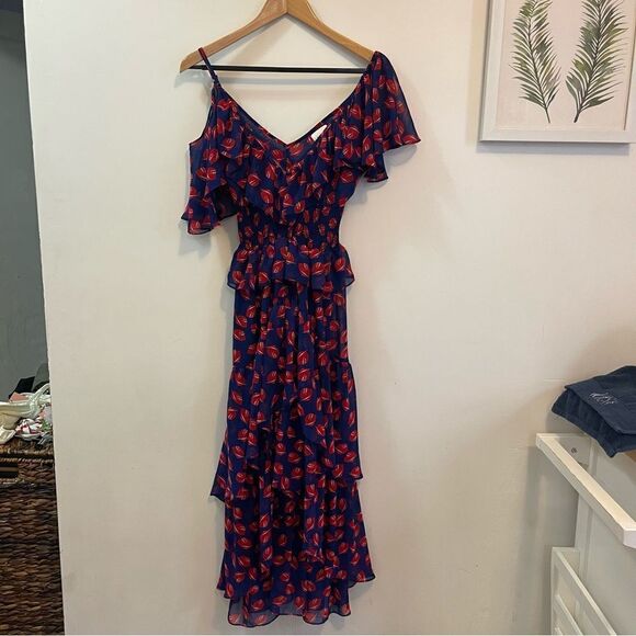 Misa Los Angeles Loulou Ruffled Midi Dress In Navy Blue And Red Print in Size S - Picture 3 of 9